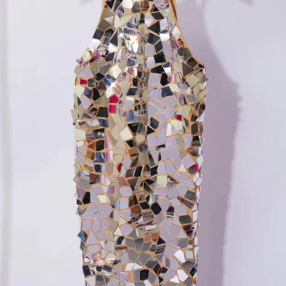 Silver Mirrored Mini Dress Bodycon Short Sleeveless Mosaic Mirror Slip Dress - Picture 5 of 7